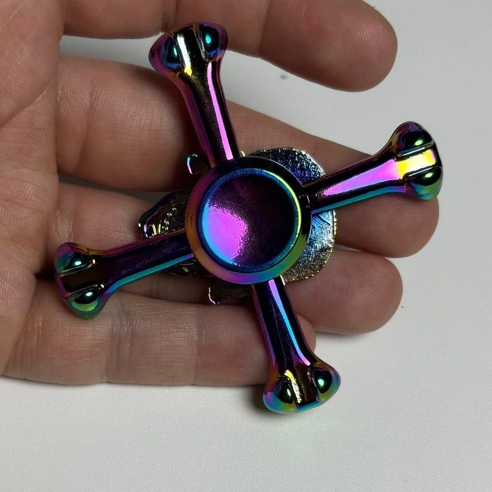 Iridescent‎ Skull and Crossbones Metal Fidget Spinner Rainbow Oil Slick Finish
